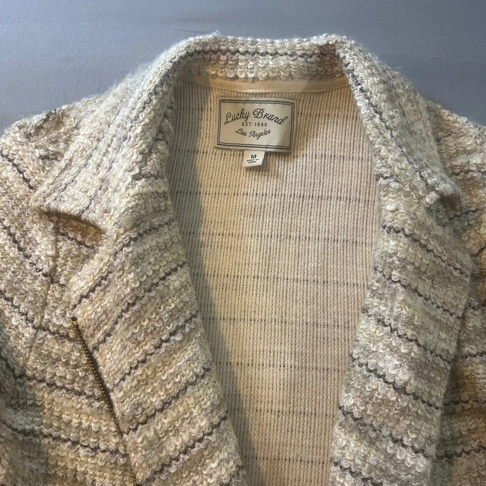 Lucky Brand Tweed Zipper Jacket Women Medium Beige Black Moto Style‎